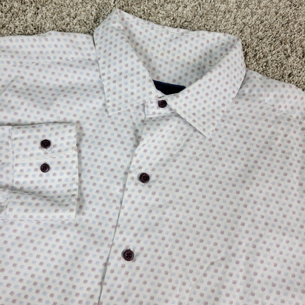 David Donahue Fusion Mens XL White Red Blue AOP Geometric Button Up LS